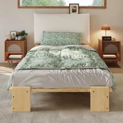 Lit simple 90x200cm - tête de lit rembourrée amovible - bois massif + éponge + contreplaqué - Naturel (matelas non inclus)