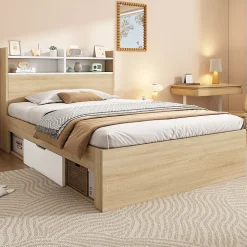 Lit simple 90x200cm avec 2 tiroirs - tête de lit avec étagère - panneaux de particules+bois massif - Naturel(matelas non inclus)