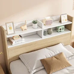 Lit simple 90x200cm avec 2 tiroirs - tête de lit avec étagère - panneaux de particules+bois massif - Naturel(matelas non inclus)