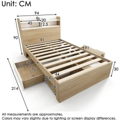 Lit simple 90x190cm avec 2 tiroirs - tête de lit avec étagère - panneaux de particules+bois massif - Naturel(matelas non inclus)