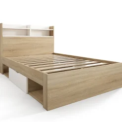 Lit simple 90x190cm avec 2 tiroirs - tête de lit avec étagère - panneaux de particules+bois massif - Naturel(matelas non inclus)