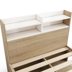 Lit simple 90x190cm avec 2 tiroirs - tête de lit avec étagère - panneaux de particules+bois massif - Naturel(matelas non inclus)