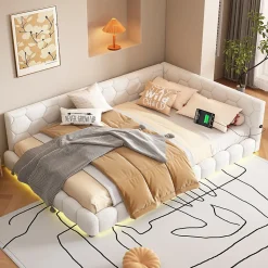 Lit Simple 140x200cm, Canapé-Lit avec Éclairage Ambiant, USB, Typ-C, Blanc