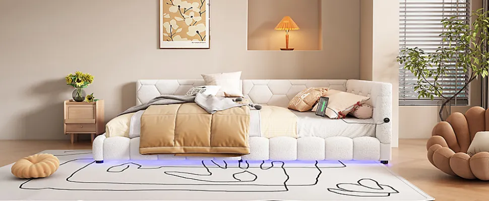 Lit Simple 140x200cm, Canapé-Lit avec Éclairage Ambiant, USB, Typ-C, Blanc