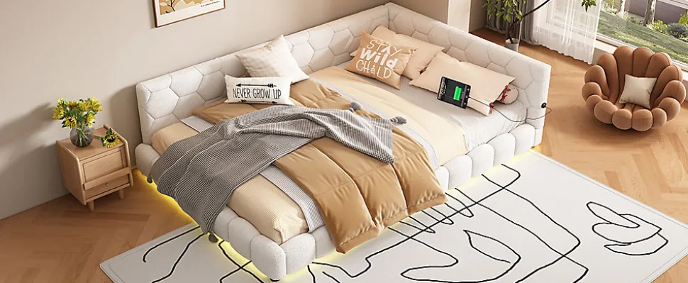 Lit Simple 140x200cm, Canapé-Lit avec Éclairage Ambiant, USB, Typ-C, Blanc