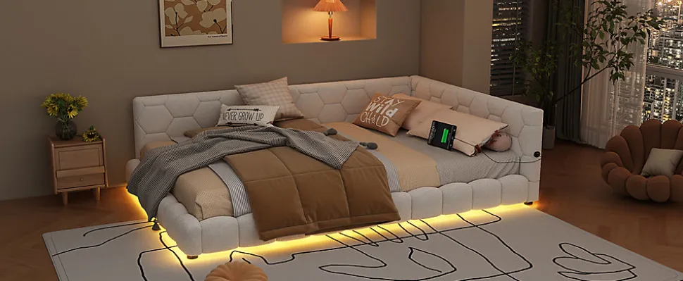 Lit Simple 140x200cm, Canapé-Lit avec Éclairage Ambiant, USB, Typ-C, Blanc