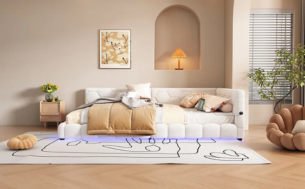 Lit Simple 140x200cm, Canapé-Lit avec Éclairage Ambiant, USB, Typ-C, Blanc