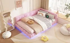 Lit Simple 140x200cm, Canapé-Lit avec Éclairage Ambiant, USB, Typ-C, Rose