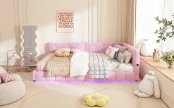 Lit Simple 140x200cm, Canapé-Lit avec Éclairage Ambiant, USB, Typ-C, Rose