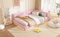 Lit Simple 140x200cm, Canapé-Lit avec Éclairage Ambiant, USB, Typ-C, Rose