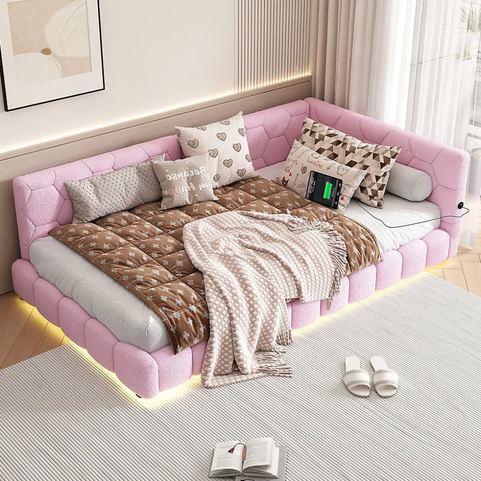 Lit Simple 90x200cm, Canapé-Lit avec Éclairage Ambiant, USB, Typ-C, Rose