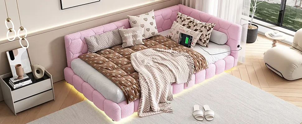 Lit Simple 90x200cm, Canapé-Lit avec Éclairage Ambiant, USB, Typ-C, Rose