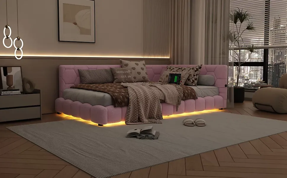 Lit Simple 90x200cm, Canapé-Lit avec Éclairage Ambiant, USB, Typ-C, Rose