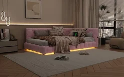 Lit Simple 90x200cm, Canapé-Lit avec Éclairage Ambiant, USB, Typ-C, Rose
