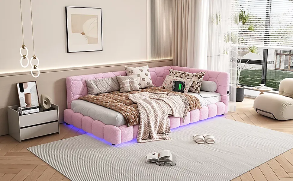 Lit Simple 90x200cm, Canapé-Lit avec Éclairage Ambiant, USB, Typ-C, Rose