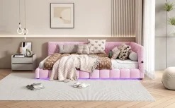 Lit Simple 90x200cm, Canapé-Lit avec Éclairage Ambiant, USB, Typ-C, Rose