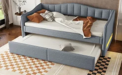 Lit Simple 90x200cm, Canapé-Lit avec Tiroirs et Éclairage Ambiant, Beige