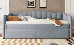 Lit Simple 90x200cm, Canapé-Lit avec Tiroirs et Éclairage Ambiant, Beige