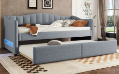 Lit Simple 90x200cm, Canapé-Lit avec Tiroirs et Éclairage Ambiant, Beige