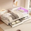 Lit Simple 90x200cm, Canapé-Lit avec Tiroirs, USB, Éclairage Ambiant, Beige