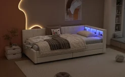 Lit Simple 90x200cm, Canapé-Lit avec Tiroirs, USB, Éclairage Ambiant, Beige