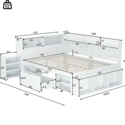 Lit simple 140x190cm en MDF - Avec tiroirs et étagères - Bibliothèque amovible - Avec sommier à lattes - Blanc(sans matelas)