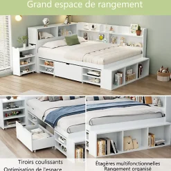 Lit simple 140x190cm en MDF - Avec tiroirs et étagères - Bibliothèque amovible - Avec sommier à lattes - Blanc(sans matelas)