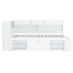 Lit simple 90x200cm en MDF - Avec tiroirs et étagères - Bibliothèque amovible - Avec sommier à lattes - Blanc(sans matelas)