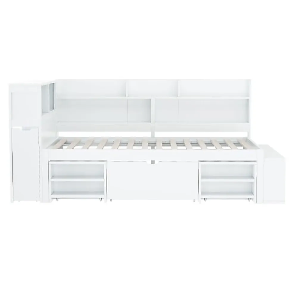 Lit simple 90x200cm en MDF - Avec tiroirs et étagères - Bibliothèque amovible - Avec sommier à lattes - Blanc(sans matelas)