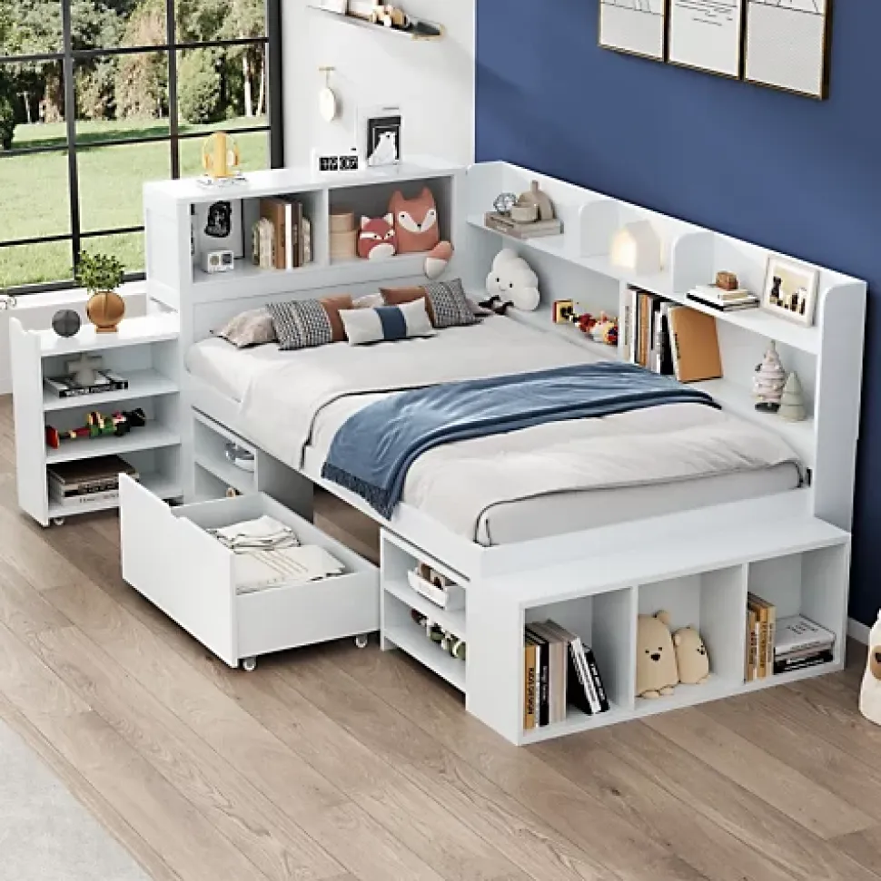 Lit simple 90x200cm en MDF - Avec tiroirs et étagères - Bibliothèque amovible - Avec sommier à lattes - Blanc(sans matelas)