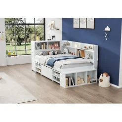 Lit simple 90x200cm en MDF - Avec tiroirs et étagères - Bibliothèque amovible - Avec sommier à lattes - Blanc(sans matelas)