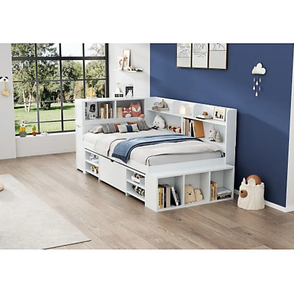 Lit simple 90x200cm en MDF - Avec tiroirs et étagères - Bibliothèque amovible - Avec sommier à lattes - Blanc(sans matelas)