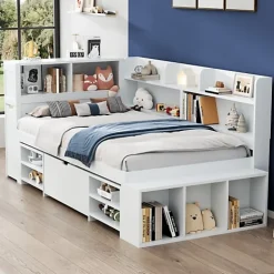 Lit simple 90x200cm en MDF - Avec tiroirs et étagères - Bibliothèque amovible - Avec sommier à lattes - Blanc(sans matelas)