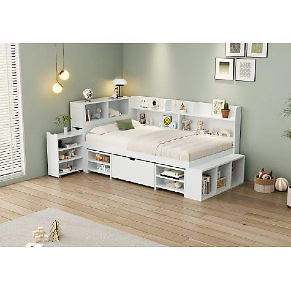 Lit simple 90x200cm en MDF - Avec tiroirs et étagères - Bibliothèque amovible - Avec sommier à lattes - Blanc(sans matelas)