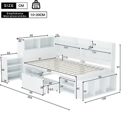 Lit simple 90x200cm en MDF - Avec tiroirs et étagères - Bibliothèque amovible - Avec sommier à lattes - Blanc(sans matelas)