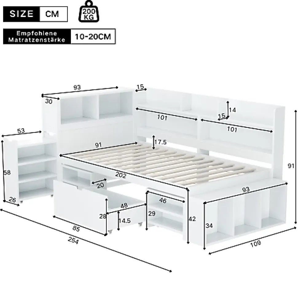 Lit simple 90x200cm en MDF - Avec tiroirs et étagères - Bibliothèque amovible - Avec sommier à lattes - Blanc(sans matelas)