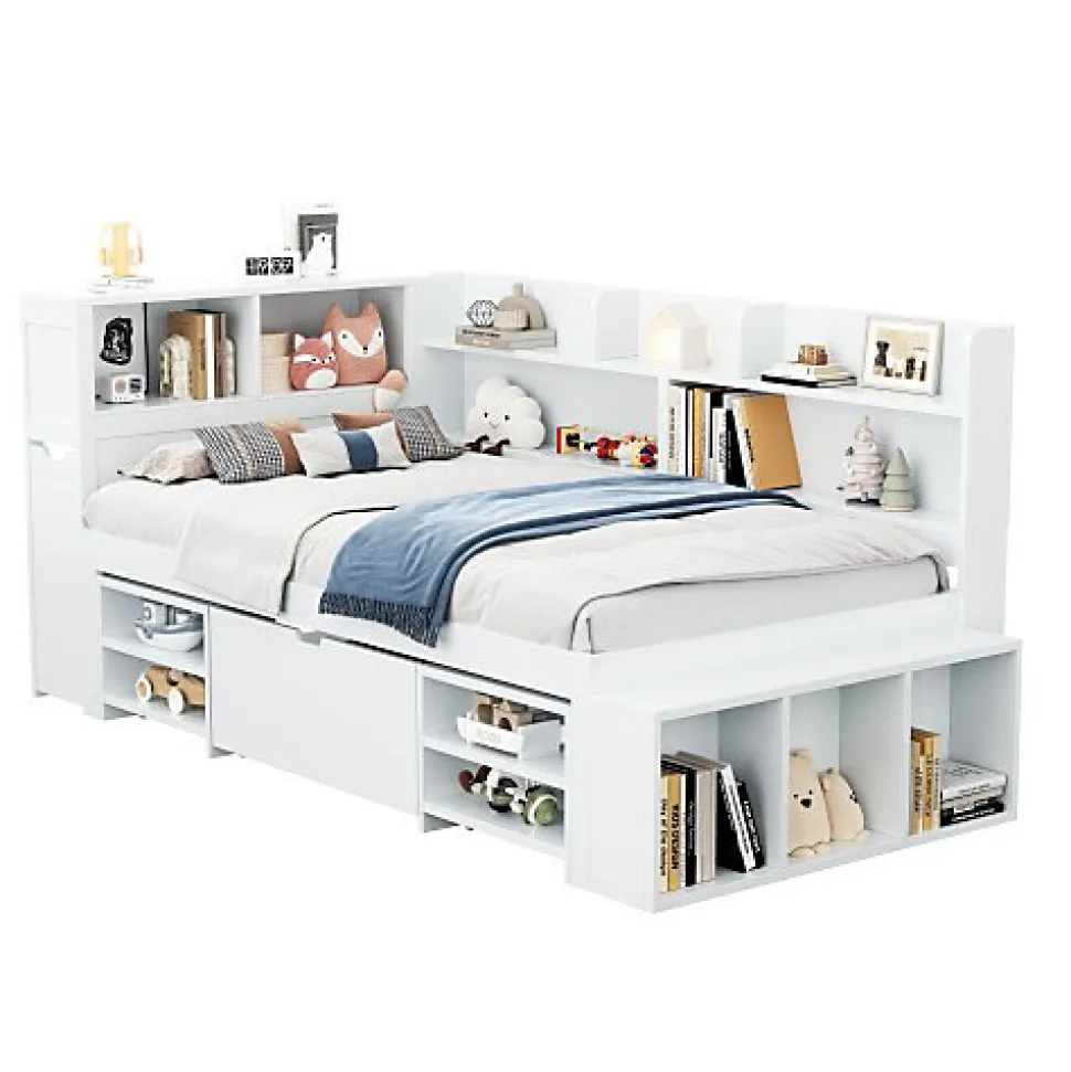 Lit simple 90x200cm en MDF - Avec tiroirs et étagères - Bibliothèque amovible - Avec sommier à lattes - Blanc(sans matelas)