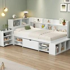 Lit simple 90x200cm en MDF - Avec tiroirs et étagères - Bibliothèque amovible - Avec sommier à lattes - Blanc(sans matelas)