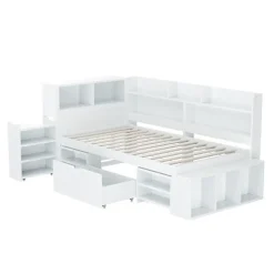 Lit simple 90x200cm en MDF - Avec tiroirs et étagères - Bibliothèque amovible - Avec sommier à lattes - Blanc(sans matelas)