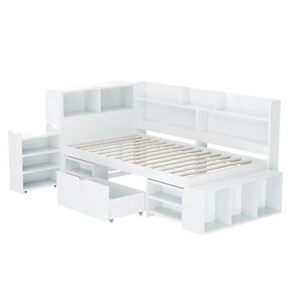 Lit simple 90x200cm en MDF - Avec tiroirs et étagères - Bibliothèque amovible - Avec sommier à lattes - Blanc(sans matelas)