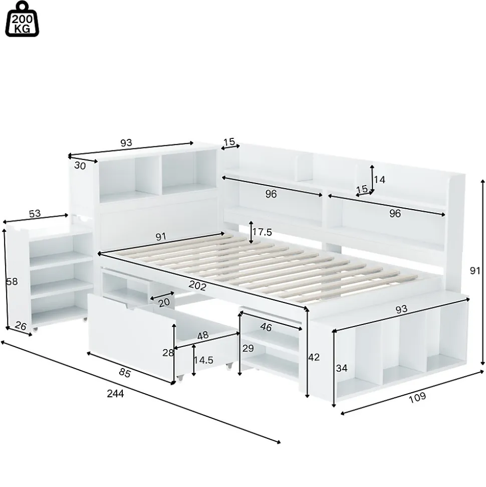 Lit simple 90x190cm en MDF - Avec tiroirs et étagères - Bibliothèque amovible - Avec sommier à lattes - Blanc(sans matelas)