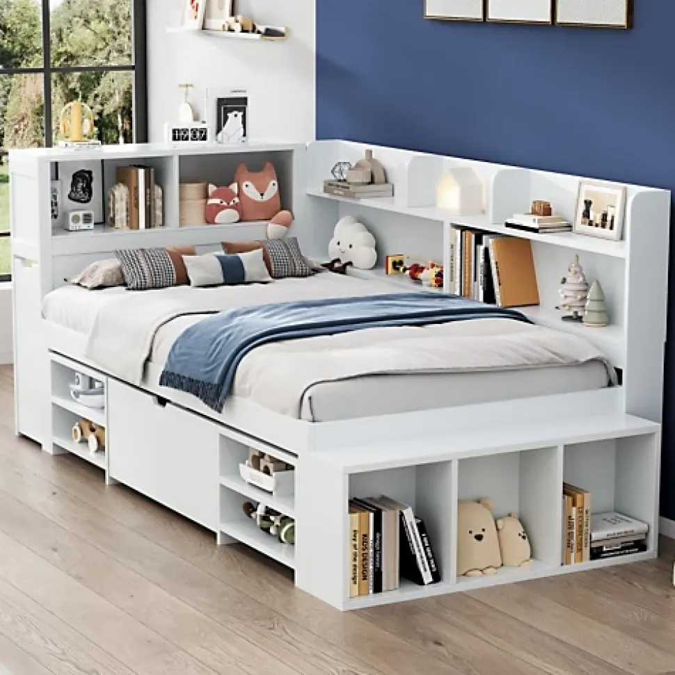 Lit simple 90x190cm en MDF - Avec tiroirs et étagères - Bibliothèque amovible - Avec sommier à lattes - Blanc(sans matelas)