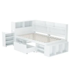 Lit simple 90x190cm en MDF - Avec tiroirs et étagères - Bibliothèque amovible - Avec sommier à lattes - Blanc(sans matelas)