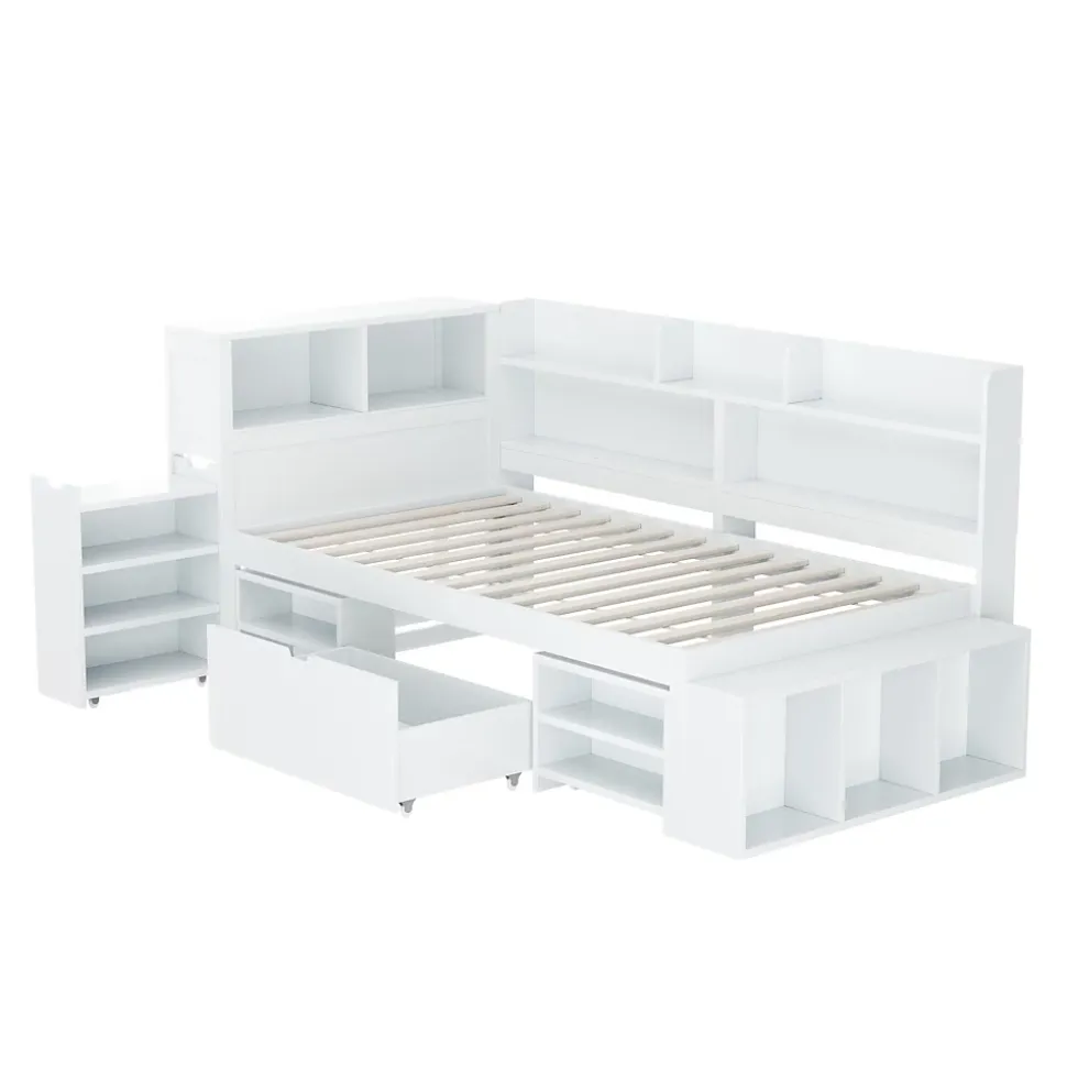 Lit simple 90x190cm en MDF - Avec tiroirs et étagères - Bibliothèque amovible - Avec sommier à lattes - Blanc(sans matelas)