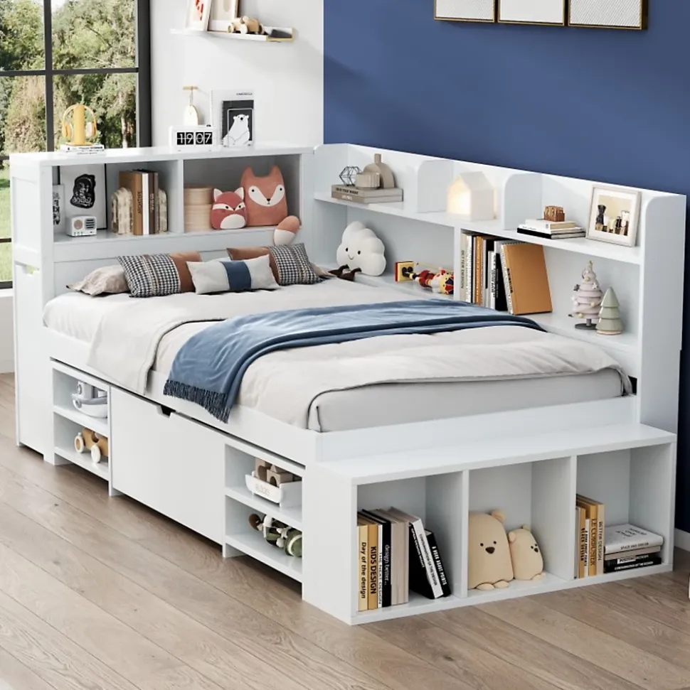 Lit simple 90x190cm en MDF - Avec tiroirs et étagères - Bibliothèque amovible - Avec sommier à lattes - Blanc(sans matelas)