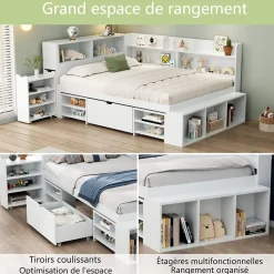 Lit simple 90x190cm en MDF - Avec tiroirs et étagères - Bibliothèque amovible - Avec sommier à lattes - Blanc(sans matelas)
