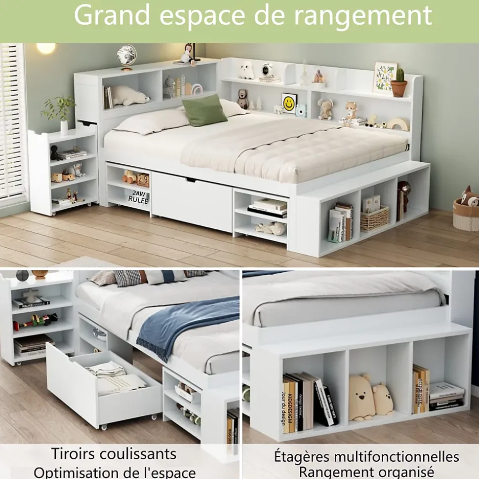 Lit simple 90x190cm en MDF - Avec tiroirs et étagères - Bibliothèque amovible - Avec sommier à lattes - Blanc(sans matelas)