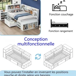 Lit simple 90x190cm en MDF - Avec tiroirs et étagères - Bibliothèque amovible - Avec sommier à lattes - Blanc(sans matelas)