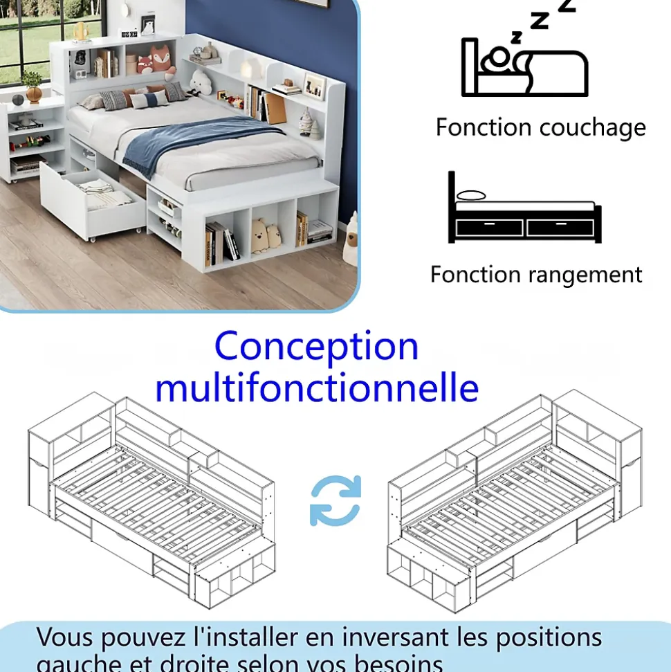Lit simple 90x190cm en MDF - Avec tiroirs et étagères - Bibliothèque amovible - Avec sommier à lattes - Blanc(sans matelas)
