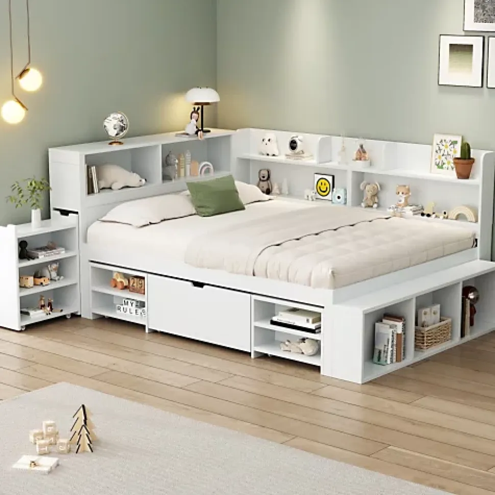 Lit simple 140x200cm en MDF - Avec tiroirs et étagères - Bibliothèque amovible - Avec sommier à lattes - Blanc(sans matelas)